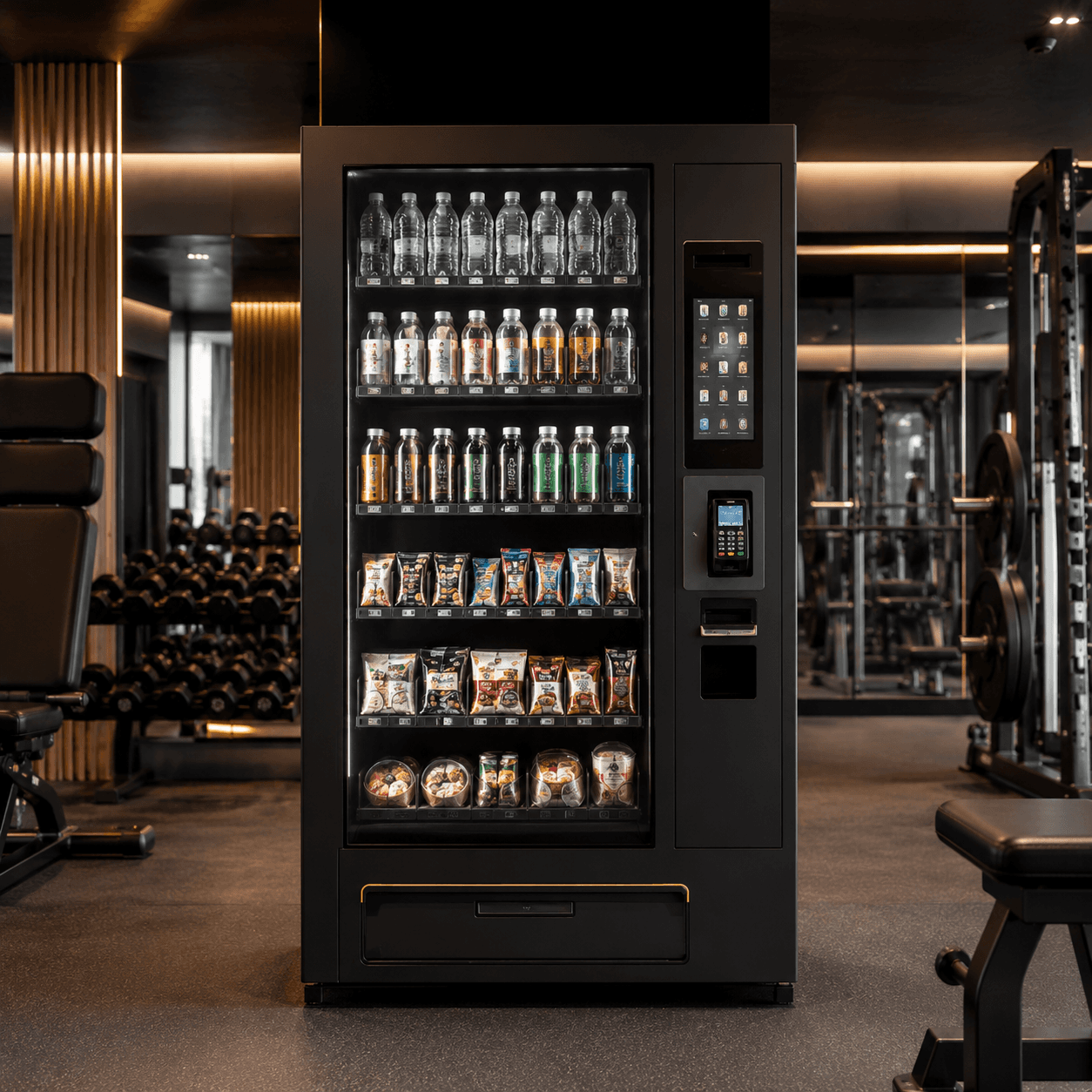 NEXA beverage vending machine stocked with water and drinks in a gym